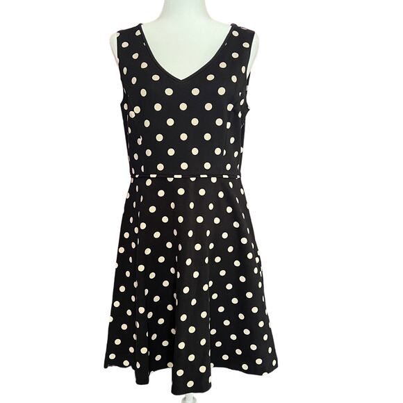 Ann Taylor V Neck Cotton Midi Dress Black wPolka Dots Size 8 - Picture 1 of 12